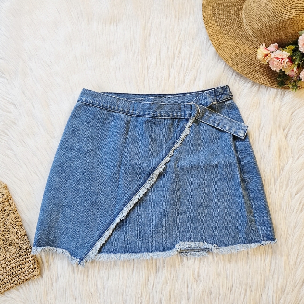 Kendall & Kylie Denim Wrap Mini Skirt - Blue
